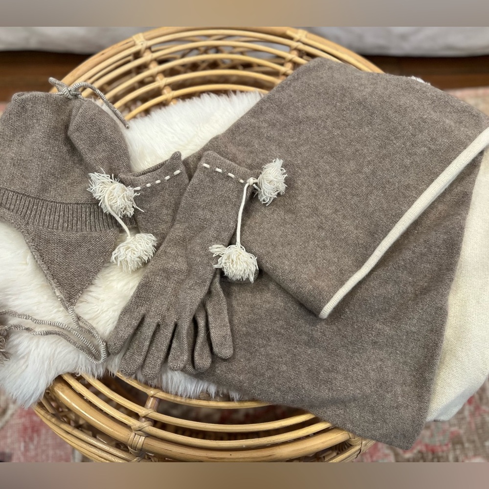 Cole Haan Tan and Cream Scarf, Gloves and Hat Set